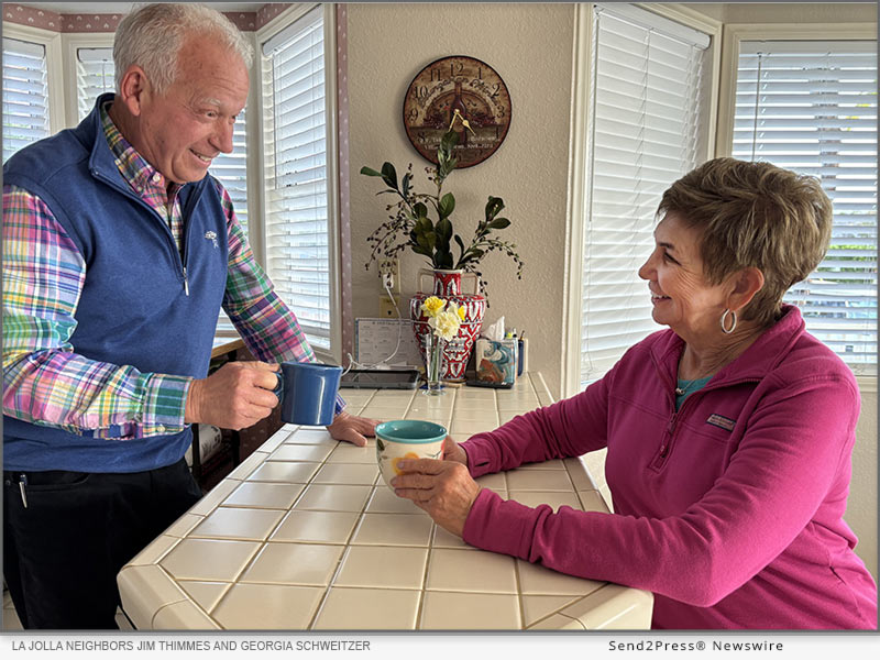 (L-R): La Jolla neighbors Jim Thimmes and Georgia Schweitzer enjoy coffee together